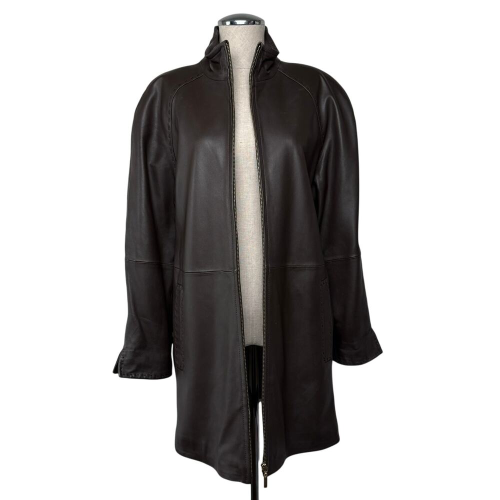 Worthington Lambskin Leather Coat Brown Zip Front Long Jacket Petite L